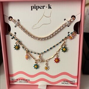 Piper K Gold Anklet Trio with Colorful Flower Charms